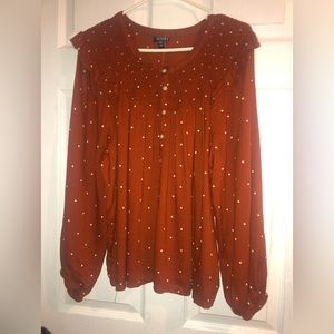 Size PXXL rust colored polka dot, long sleeve, smocked front, pop over top. EUC